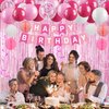 Pink Happy Birthday Party Decorations for Women Girls, Pre-Strung Happy Birthday Sign Banner, Pink Balloons, Fringe Curtain, Tissue Paper Pom Poms, Star Garland, Hanging Swirls for Birthday Party