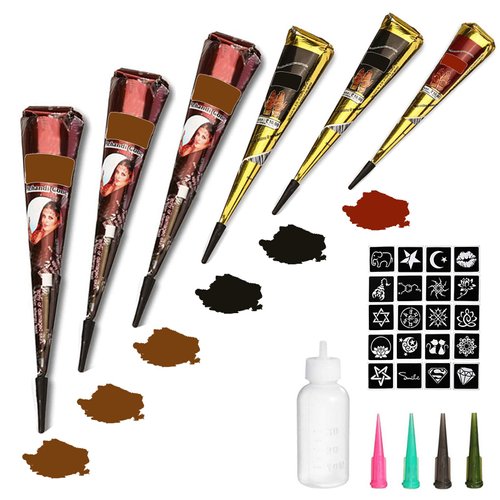Temporary Tattoos Kit, 6Pcs Semi Permanent Tattoo Paste Cones, India Body DIY Art Painting for Women Men Kids, Summer Trend Freehand Plaste with 3 Colors,20Pcs Adhesive Stencil,1Pc Bottle,4Pcs Nozzles