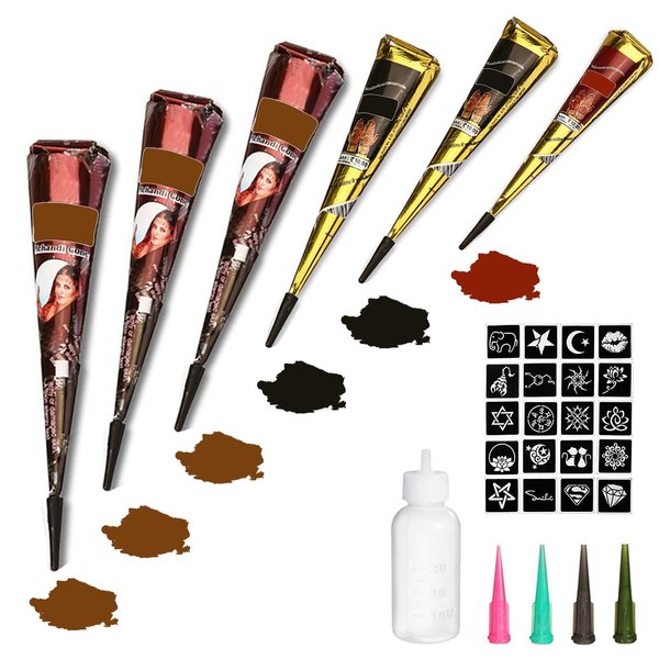 Temporary Tattoos Kit, 6Pcs Semi Permanent Tattoo Paste Cones, India Body DIY Art Painting for Women Men Kids, Summer Trend Freehand Plaste with 3 Colors,20Pcs Adhesive Stencil,1Pc Bottle,4Pcs Nozzles