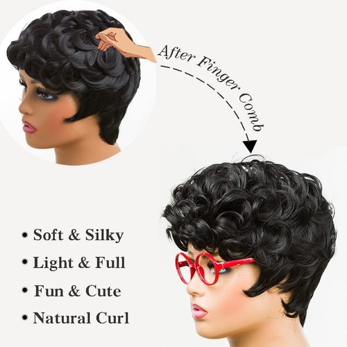 DOcute Black Short Pixie Cut Wigs for Black Women Short Wavy Hair Wig Pixie Cut Curly Wig with Bangs for Black Women Synthetic Fluffy Daily Wig Layered Heat Resistant Wigs (Natural black)