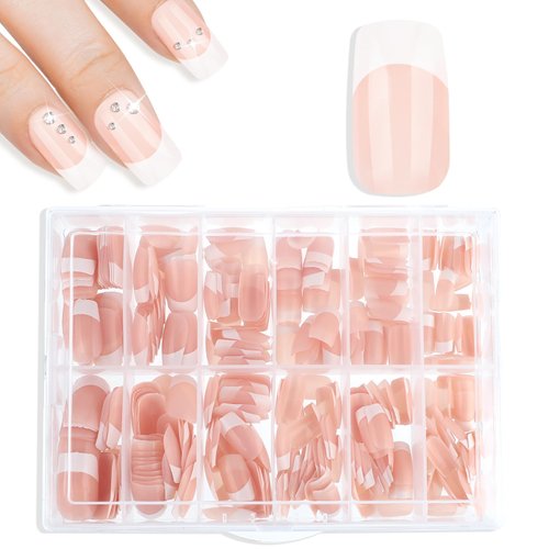 cobee Press on Nails Square, 360 Pcs Coffin Fake Nails French Tip Nude Color False Nail Glossy Fu...