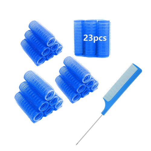 MOODKEY 24PCS Self Grip Small Heatless Rollers Set for Pro Salon Hairdressing and DIY Hairstyles - Rat Tail Comb Included for Medium and Short Lengths (0.8in, Dark Blue)