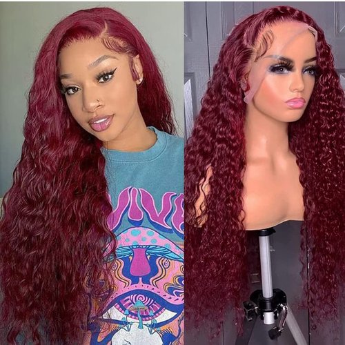 Bugtum 99j Burgundy Lace Front Wigs Human Hair Deep Wave 13x4 Hd Lace Frontal Wigs for Black Women Glueless Wigs Human Hair Pre Plucked Deep Curly Wet and Wavy Red Colored Lace Front Wig (26 Inch)