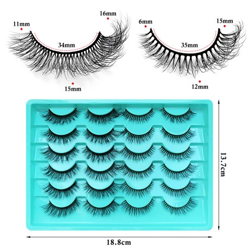 LoveOurHome 12 Pairs Faux Mink Lashes Wispy Lashes 6D Curly False Eyelashes Flully Eye Lash Extesnion Cat Eye Fake Lashes 2 Style Pack Natural Look Fake Eyelash with Tweezers for Women Girls