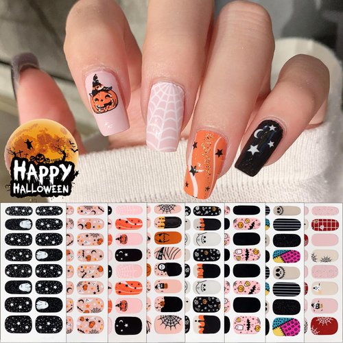 8 Sheets Halloween Nail Wraps Full Stickers Nail Polish Strips, DIY Self-Adhesive Nail Art Decals Pumpkin Bat Ghost Spider Web Skull Pattern with 1 Piece Nail Files for Party Decor (128 Pieces)