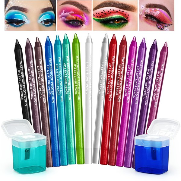 15 Color Eyeliner Pencil Set, Waterproof Eyeliner Pen Colorful Eyeliner with 2 Eyeliner Sharpener Glitter Eyeliner Kit Long Lasting Eye Makeup Set Gift Eye Liners for Women Girl (15 Colors)