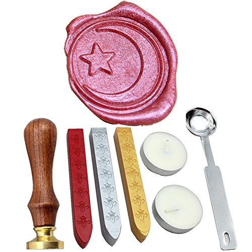 FQL The Moon and Star Vintage Rosewood Wax Seal Stamp Set with Gold Red Silver Sticks