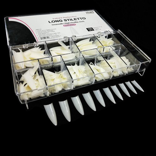 BeYou Natural Long Stiletto 500pcs Artificial Fake Nail Tips With Clear Plastic Case,10 Sizes 28510 For Nail Salon Nail Shop