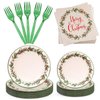 Lounsweer 96 Pcs Christmas Party Supplies Paper Plates and Napkins Disposable Dinnerware Set Include Christmas Plates Napkins Forks for Xmas Holiday Table Decorations 24 Guests (Red Berry)