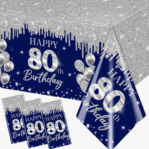Guzbewu 80th Birthday Party Supplies for Men,3pcs Sliver Blue 80th Birthday Tablecloth Rectangle Happy 80th Birthday Table Cloth for Blue 80th Birthday Decorations