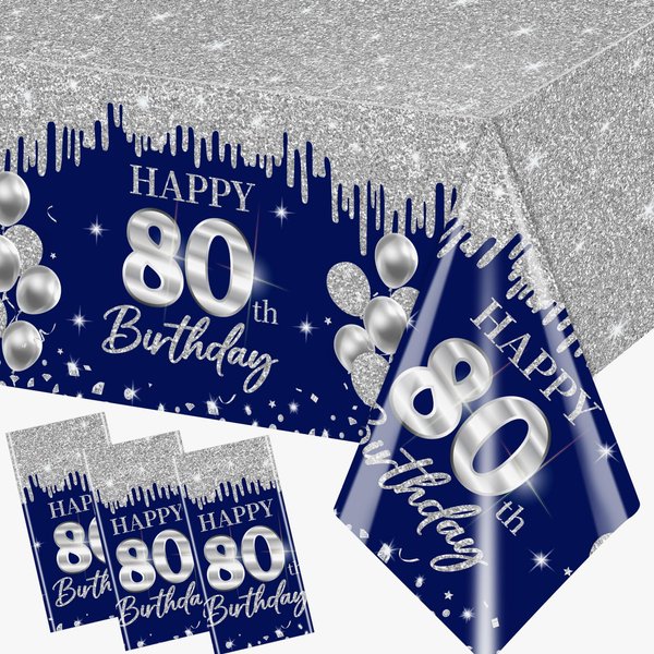 Guzbewu 80th Birthday Party Supplies for Men,3pcs Sliver Blue 80th Birthday Tablecloth Rectangle Happy 80th Birthday Table Cloth for Blue 80th Birthday Decorations
