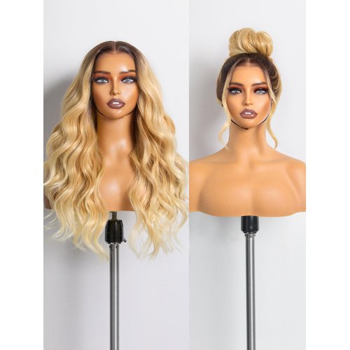 GORGIUS Glueless Ombre Blonde Wavy Wigs HD Transparent Lace Front Wigs Put On Go Wigs Pre Plucked Crafted with Style-Archive Technology: Premium Fiber & Remy Human Hair Blend with Natural Hairline