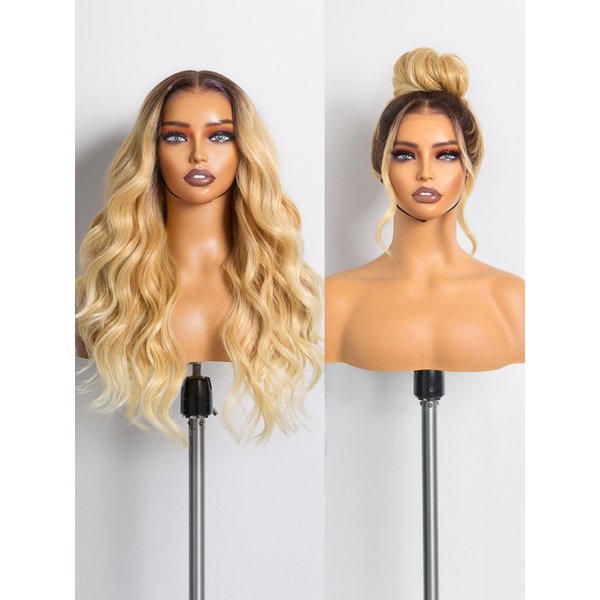 GORGIUS Glueless Ombre Blonde Wavy Wigs HD Transparent Lace Front Wigs Put On Go Wigs Pre Plucked Crafted with Style-Archive Technology: Premium Fiber & Remy Human Hair Blend with Natural Hairline