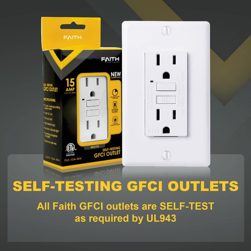 Faith 15A GFCI Outlet, Non-Tamper-Resistant GFI Duplex Receptacle with LED Indicator, Self-Test Ground Fault Circuit Interrupter with Wall Plate, ETL Listed, White