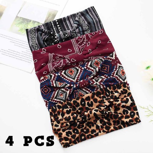 Aceorna Boho Headbands Wide Bandeau Hair Wraps - Knot Turban, Leopard Print, Twist Elastic Yoga Sweatbands, Stylish for Women and Girls - 4 Pcs (Set c)