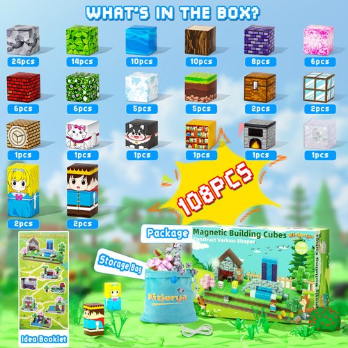 Magnetic Blocks, 108PCS Magnetic Building Blocks for Kids, STEM Build Magnetic Forest World Set for Toddler Birthday Xmas Gifts, Montessori Sensory Toys for Boys Girls Aged 3-12, 1" Magnetic Cubes