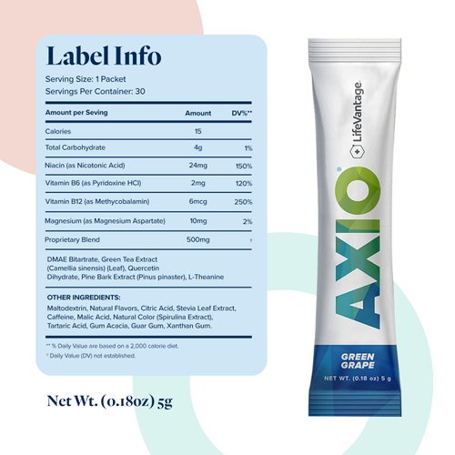 AXIO Regular Energy Drink Powder, Green Grape, 30 Drink Mix Packets, Instant Energy Powder, Energy Supplement in a Drink Mix, w/B Vitamins, DMAE, L-Theanine, Quercetin, Green Tea & Pine Bark Extract