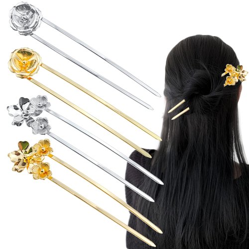 4 PACK Vintage Hair Sticks, Metal U Shaped Hairpin Traditional Flower Hair Pins, 2 Prong Updo Chignon Pins Hair Accessory for Women Hairstyles (Gold & Silver)