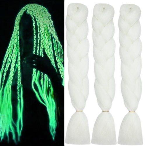 Christmas White Braiding Hair Jumbo Braids Hair Extensions Glowing Braiding Hair 24inch 3Pcs Jumbo Braiding Hair Glow in the Dark Hair
