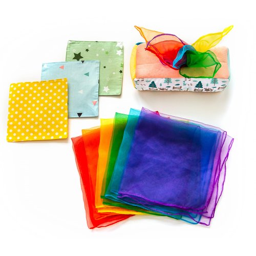 Baby Tissue Box Toy - Montessori Play for Infants and Toddlers - Sensory Textured Box with 12pcs Matching Colorful Scarves and 3pcs Crinkle Paper