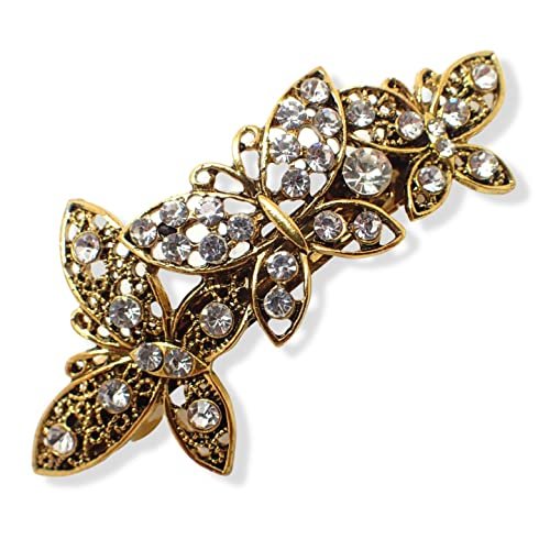 Topkids Accessories Vintage Antique Style Barrettes Hair Clips Grips Silver Gold Diamante Diamonte Butterfly Flower Bridal Wedding Pearl Slides Clasps (Crystal Gold Butterfly Barrette 5.5cm 2")