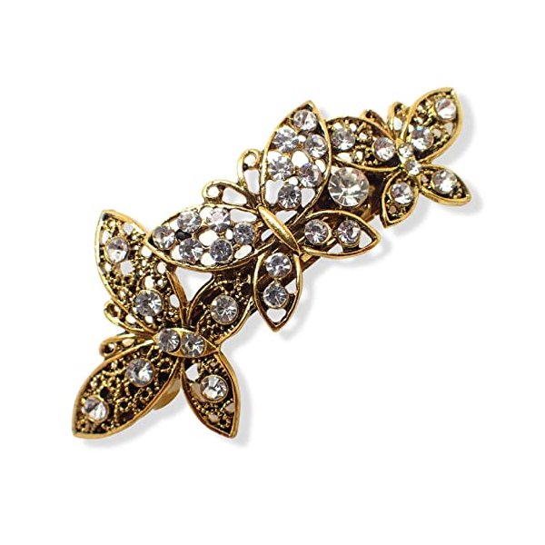 Topkids Accessories Vintage Antique Style Barrettes Hair Clips Grips Silver Gold Diamante Diamonte Butterfly Flower Bridal Wedding Pearl Slides Clasps (Crystal Gold Butterfly Barrette 5.5cm 2")