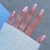 MISUD Press on Nails Medium Almond Fake Nails Glossy Glue on Nails Pink French Tip Acrylic Nails Stiletto Artificial Nails Cute Bow Pearl Stick on False Nails with Design 24 pcs