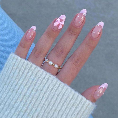 MISUD Press on Nails Medium Almond Fake Nails Glossy Glue on Nails Pink French Tip Acrylic Nails Stiletto Artificial Nails Cute Bow Pearl Stick on False Nails with Design 24 pcs