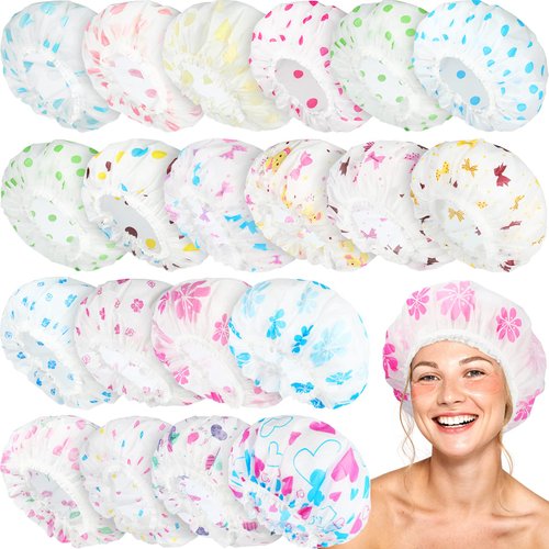 Waterproof Shower Caps, 20 Pcs Assorted Plastic Reusable Shower Caps Bathing Salon Hair Cap Elastic Band Bath Caps for Women Ladies Girls Home Spa