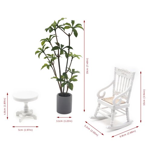 4 Pcs Dollhouse Miniature Rocking Chair Set, 1:12 Wooden Dollhouse Modern Style Furniture Accessories, Dollhouse Nostalgic TV with Table, Rocking Chair, and Green Plants,for Dollhouse Decoration