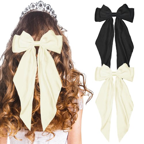 LSxia 2PCS Hair Bows for Women, [Black Hair Bow &amp; Beige White Hair Bows] for Hair, Big Silky Sati...