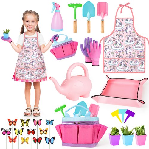 deAO Kids Gardening Tool Set, Garden Tools for Toddler, Include Safe Shovel, Rake, Fork, Gloves, Apron, Watering Can and Canvas Tote, Gardening Kit for Boys and Girls