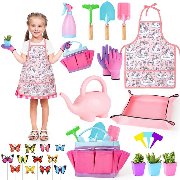 deAO Kids Gardening Tool Set, Garden Tools for Toddler, Include Safe Shovel, Rake, Fork, Gloves, Apron, Watering Can and Canvas Tote, Gardening Kit for Boys and Girls