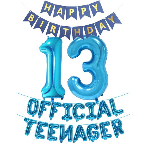 Official Teenager 13th Birthday Decorations for Boys Girls, Blue Banner Number 13 Birthday Foil Balloons for 13 Years Old Birthday Anniversary Supplies Boys Girls(Blue)