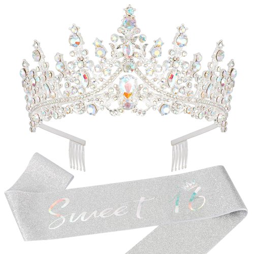 KICOSY Sweet 16 Tiara Sweet 16 Sash and Tiara Set Birthday Tiara Birthday Crowns for Women Sweet 16 Crown Sweet Sixteen Birthday Sash Sweet 16 Birthday Decorations 16th Birthday Decorations for Girls