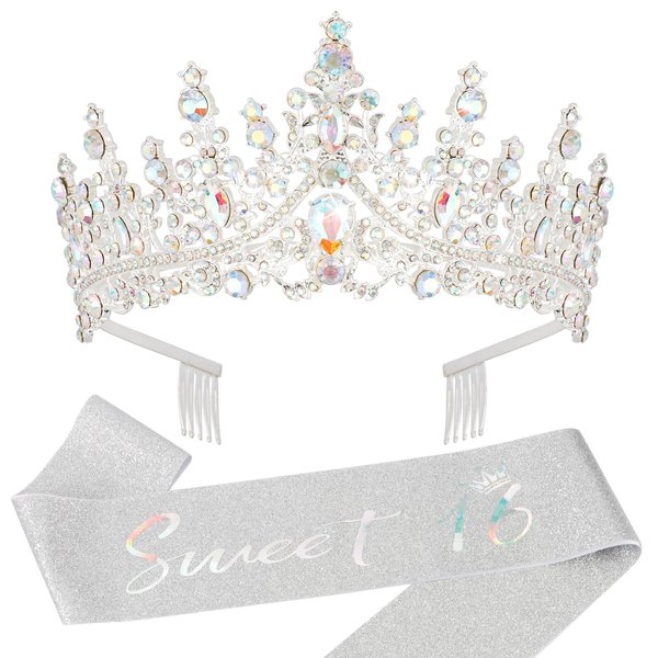 KICOSY Sweet 16 Tiara Sweet 16 Sash and Tiara Set Birthday Tiara Birthday Crowns for Women Sweet 16 Crown Sweet Sixteen Birthday Sash Sweet 16 Birthday Decorations 16th Birthday Decorations for Girls