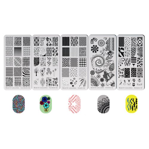 Beaute Galleria Bundle Nail Art Stamping Set - 5 Styles of Premium Etched Stamping Plates Image Templates, Silicone Nail Mat, Nail Stamper, Plate Scraper and Instruction Card