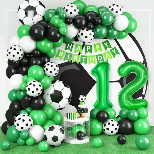 12th Birthday Soccer Balloons Arch,12th Soccer Garland Kit with Green Number 12 Balloon Football Balloons Soccer Mylar Foil Balloons for Boys Kids 12th Birthday Soccer Theme Party Decorations
