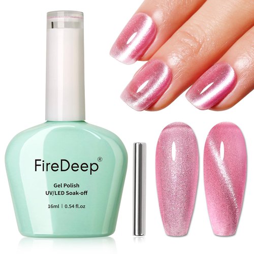 Firedeep Pink Cat Eye Gel Nail Polish 16ml Holographic Glitter Pastel Champagne Pink UV/LED Soak Off Reflective Gel Polish for Nail Art Manicure with Magnet