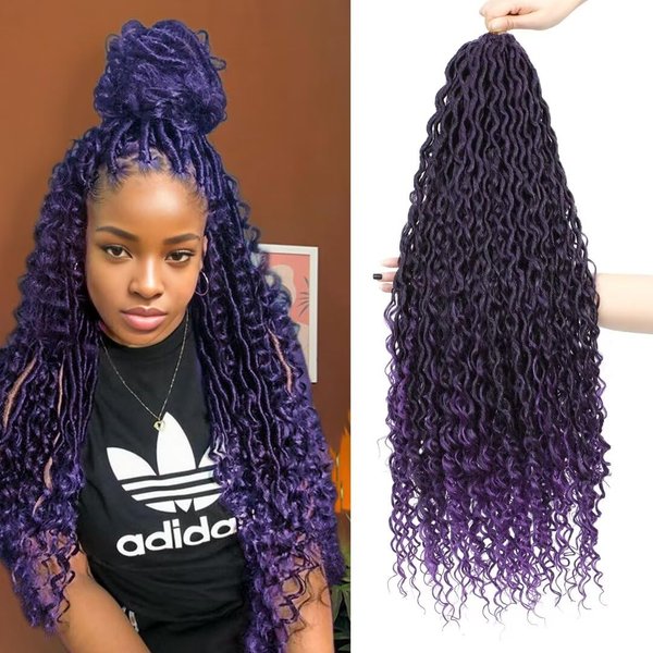 8 Packs Purple Goddess Locs Crochet Hair 18 inch Prelooped River Locs Crochet Hair Boho Faux Locs Crochet with Curly Ends Boho Style Synthetic Hair Extensions(18" 8Packs T1B/purple#)