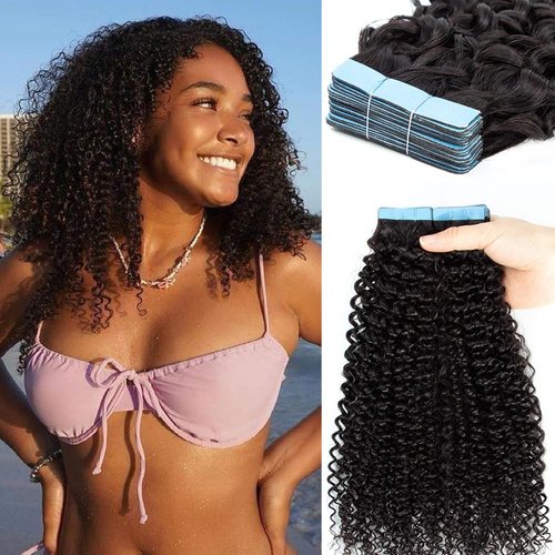Urbeauty 40 Pcs Tape in Hair Extensions Human Hair Black Women Seamless Kinky Curly Tape on Hair Extensions with Invisible Tape Attached Semi Permanent Tape on Natural Hair