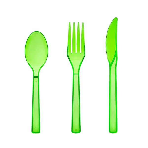 Party Essentials Hard Plastic Cutlery Combo Pack, 51 Pieces/17 Place Settings, Neon Green