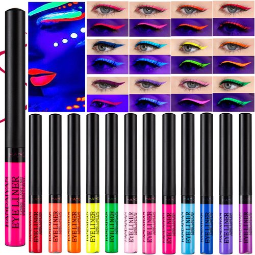 12 Colors Neon Colorful Liquid Eyeliner Set UV Glow in the Dark Bright Rainbow Colored Pigmented Graphic Liquid Eyeliner Pen, Eye Makeup Gift Kit