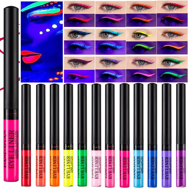 12 Colors Neon Colorful Liquid Eyeliner Set UV Glow in the Dark Bright Rainbow Colored Pigmented Graphic Liquid Eyeliner Pen, Eye Makeup Gift Kit