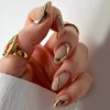 MISUD Press on Nails Medium Almond Fake Nails Matte Glue on Nails Nude Pink Acrylic Nails Stiletto Artificial Nails Gold Chrome Swirl Stick on False Nails with Design 24 pcs