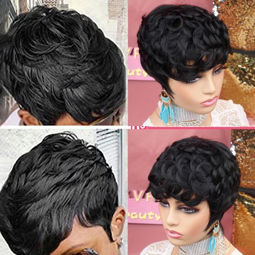 VRZ Short Wigs Human Hair for Black Women Pixie Cut Wig Human Hair with Bangs Layered Wavy Short Human Hair Wigs for Black Women Curly Hair Wigs Color 1B# (MIDDLE WAVY)