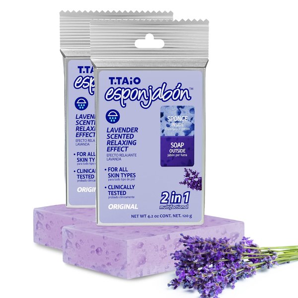 T.Taio Esponjabon Soap Sponge - Cleansing Shower Scrubber - Cleaning Bath Wash Scrub - Oil Removal - Massage & Lather Foot, Elbow, & Face - Bathroom Accessories - Fresh Lavender Scent