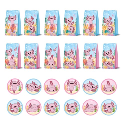 WADACIPPSELLER 12Pcs Axolotl Birthday Party Decorations Party Favor Bags with 12Pcs Stickers Axolotl Party Goodie Treat Bags Candy Bags for Axolotl Birthday Party Supplies