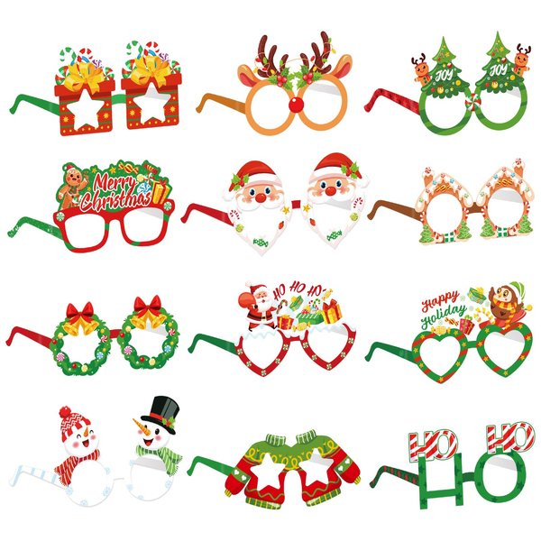 Konsait Christmas Glasses 24 PCS Christmas Party Glasses, Christmas Kids Party Favors Christmas Paper Glasses Adult Party Favors Christmas Party Favors Reindeer Christmas Tree Glasses 12 Styles