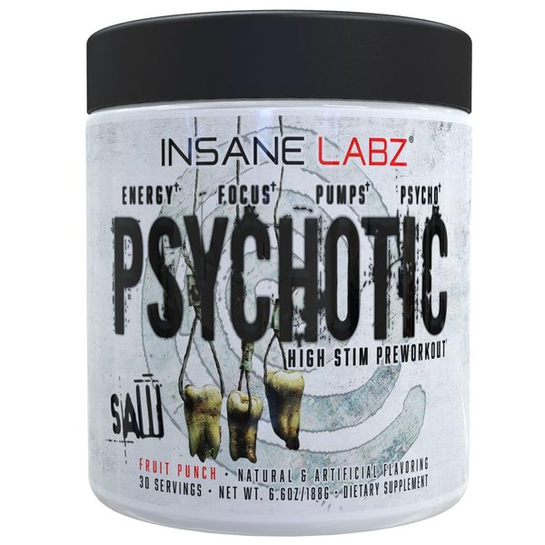 Insane Labz Psychotic SAW®, High Stim Pre Workout Powder with OxyGold­™ and AMPiberry®, Extreme Lasting Energy with Teacrine®, Focus with CognitIQ® and Endurance with Beta Alanine,30 Srvgs,Fruit Punch